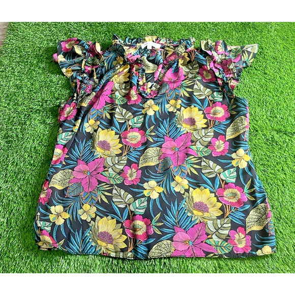 Rose & Olive Tropical Floral Boho Peasant Top - Large - Picture 2 of 7